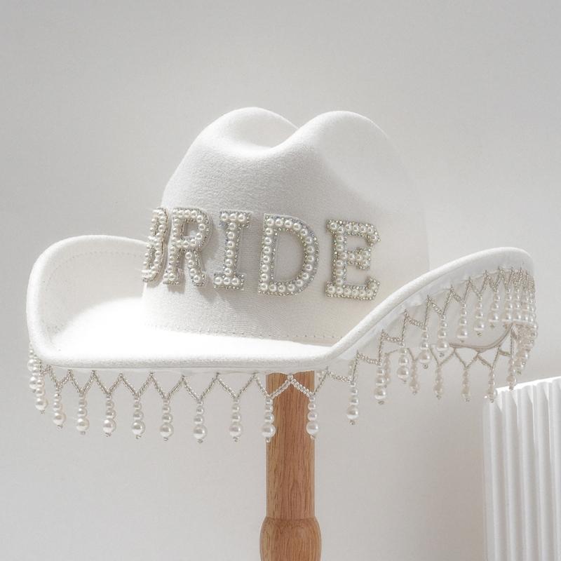 Luxurious Pearls Cowboy Hats Bride Hat Panama Hat for Bachelorette Party Cowboy Hats for Club Stage Shows