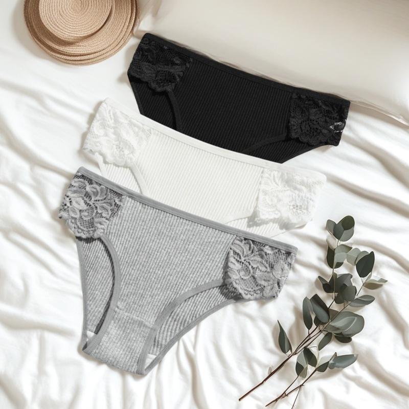 3Pcs/set Women Cotton Panties Low-Rise Underwear Patchwork Lace Briefs Female Soft Underpants Sexy Lingerie S-XL
