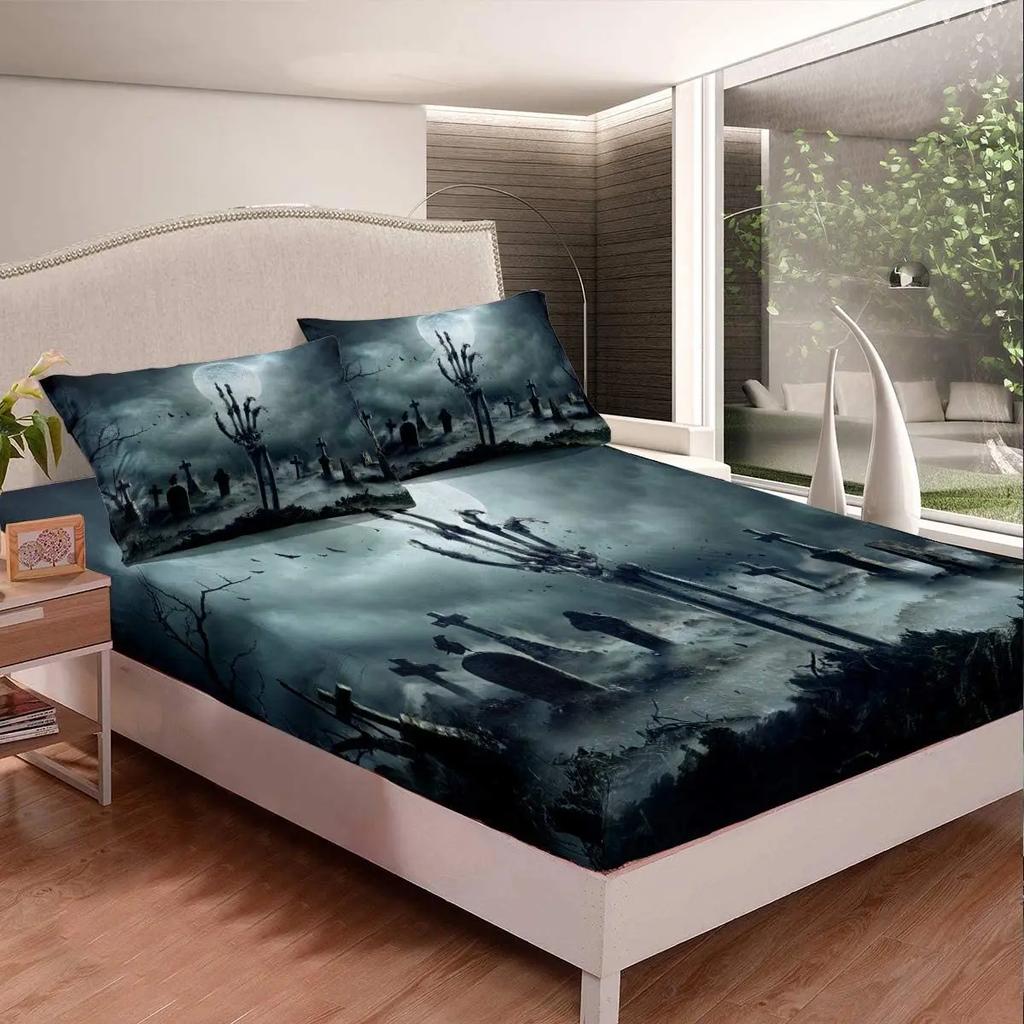 3D Dead Sugar Skull Girl Kissing Skull Home Bed Fitted Sheet Set Soft Microfiber Breathable Bedding All-Round Elastic Pocket