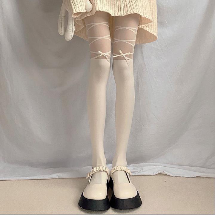Bow Strap Stockings Sweet Beautiful Woman Jk Ballet Thin Sexy Black Pantyhose Pure Desire Milk White Stitching