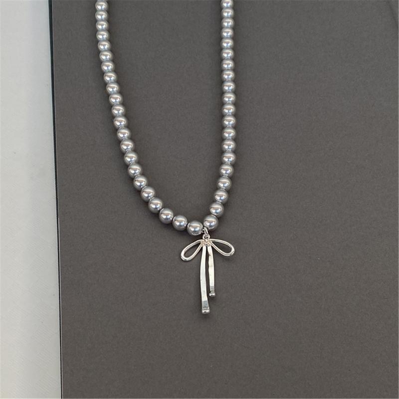 Exquisite Bowknot Pendant Necklace Elegant Neckchains Jewelry Gray Pearls Clavicle Chain Charm Adornment for Women