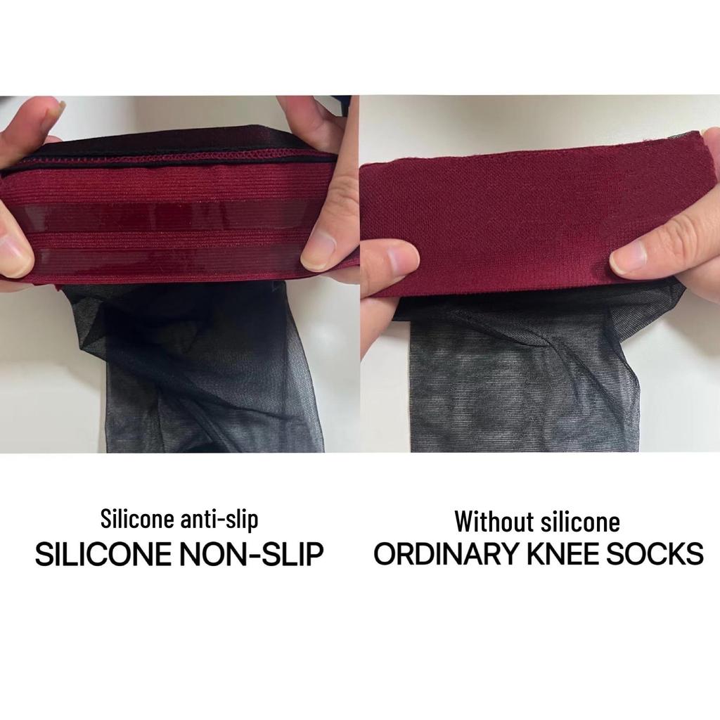 Nunnally Sexy Red Over-the-Knee Black Silk Stockings with Red Edge, Super Thin Fishnet, Silicone Grip -- Perfect for Christmas!