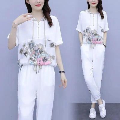 Damen Freizeitanzug Frühling und Sommer Neue lockere Mode Farbkontrast bedrucktes T-Shirt mit Kapuze und Oberteil und Hose Zweiteiliges Set für Damen