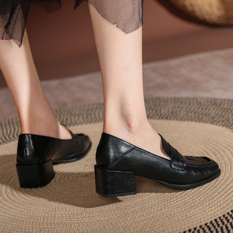 Retro Loafers Myke Skinn Hæler Toveissko Collegestil Små Skinnsko Slip-on Sko for Kvinner Tykke Hæler Høye Hæler
