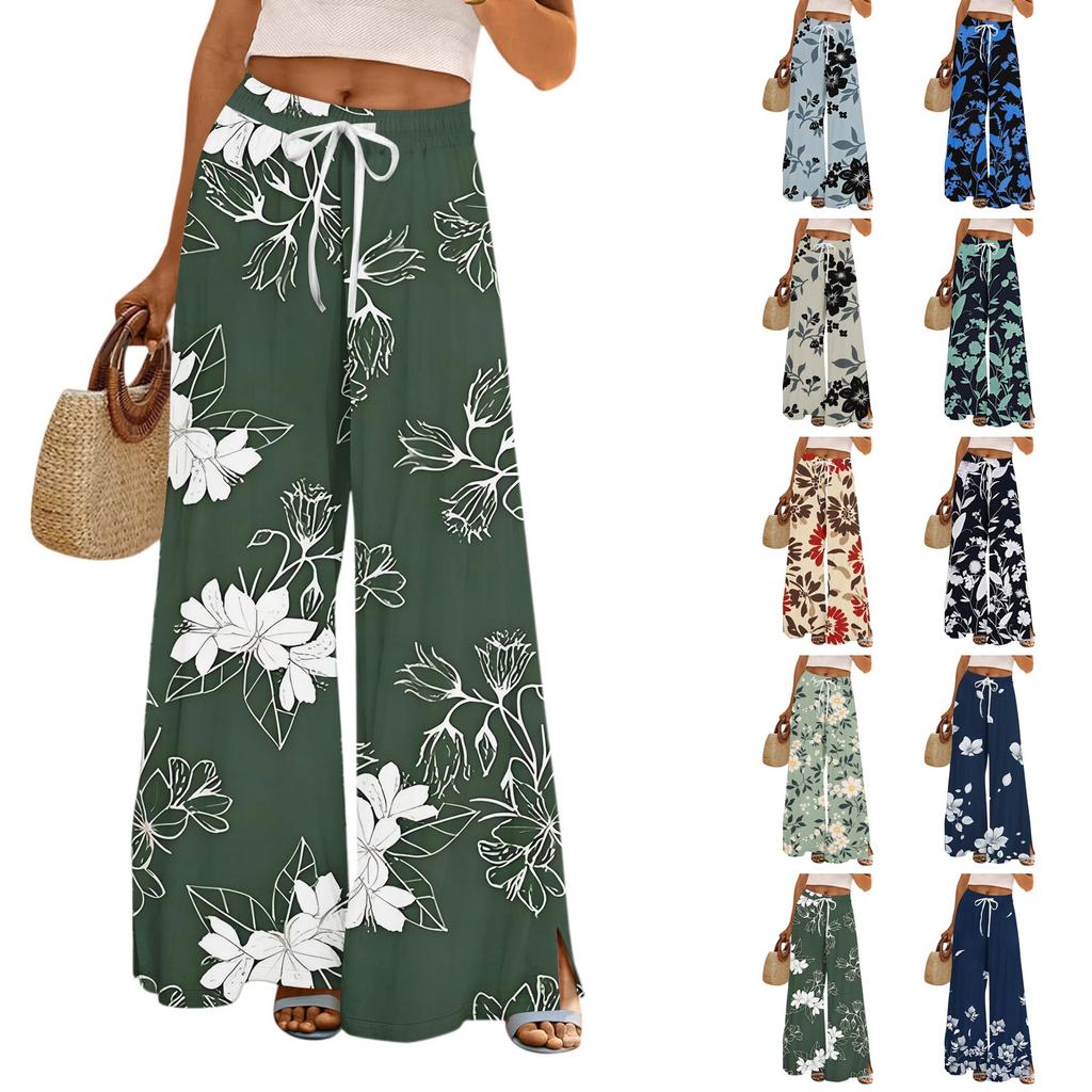 Women's Printed Wide Leg Pants With Pockets High Waist Drawstring Loose Casual Pants