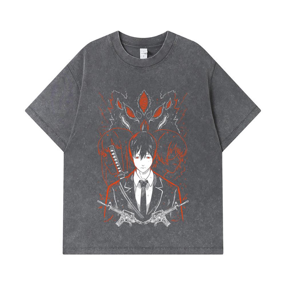 Koszulki GSM Washed Bawełna Chainsaw Man V Aki Nadruk Unisex Ciężka Bawełniana Koszulka