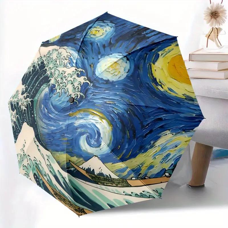

1pc Van Gogh Starry Night Art Umbrella - Automatic Open/Close Folding Umbrella, Reinforced 8-Rib Frame, Portable 3-Fold Compac (as the picture,Iron&8K)