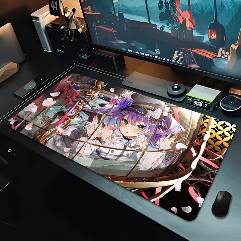 Large Gaming Mouse PadAntislip Rubber Base Stitched Edges Purple Hair Demon Anime Girl Art Print Extended Office Gamer Mat