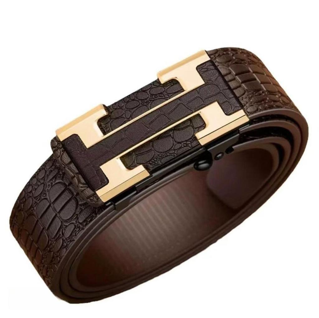High-End Men's Genuine Leather Belt with Automatic Buckle - No-Tooth Design for Casual and Business Wear