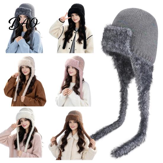 Travel Essential Headgear Women Trapper Hat, Wool Blend Knitted Hat with Ear Flaps, Fuzzy Cold Weather Headwear Trim, Warm Winter Knit for Hiking