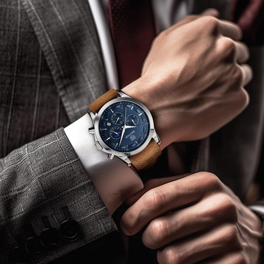 BENYAR Chronograph Watch with Leather and for Business and Formal Wear Men's Multi-Calendar Strap, Water-Resistant Scratch-Resistant Brown-Blue Dial,