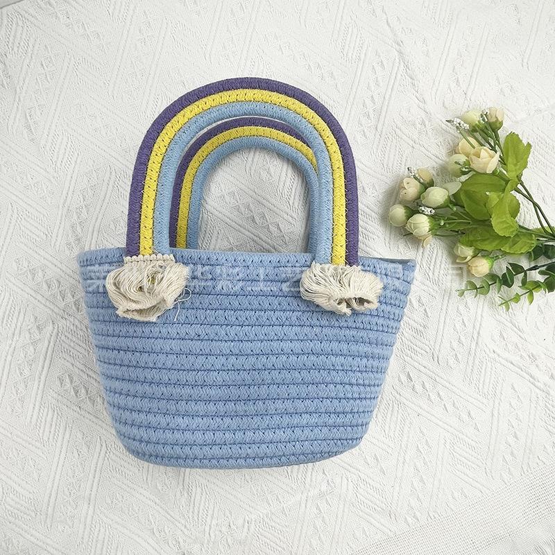 Rainbow cotton thread bag, hand-held straw cotton rope, handmade basket, seaside messenger holiday, beach bag versatile