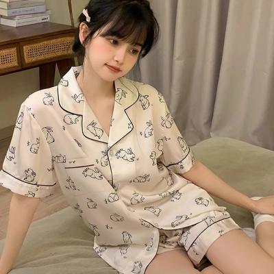 Pijama Estampado de Conejo Conjunto de Pijama para Mujer Coreano Verano 2 Piezas Estudiantes Lindo Ropa de Casa