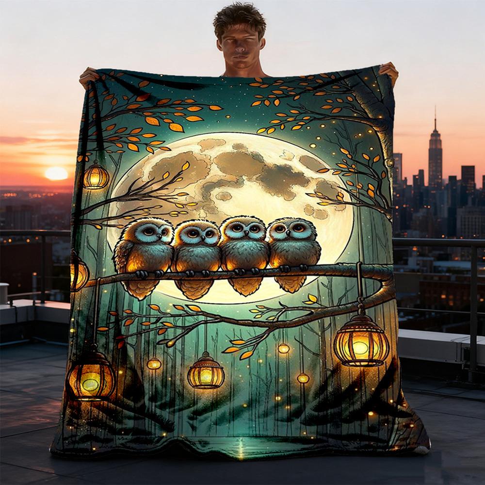 1pc Owl Night Lanterns Throw Blanket Polyester Fiber, Lightweight Flannel, Soft & Warm, All Season Use for Outdoor, Camping Digital Print