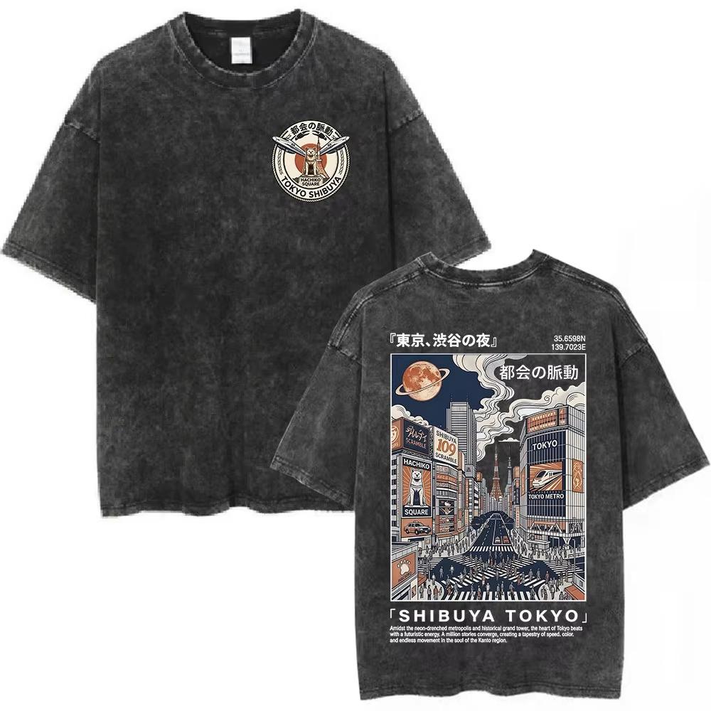 Hot Osaka Dotonbori Japan Illustration Doublesided Print Tshirts Vintage Washed Japanese Style Cityscape Cotton Top Tee