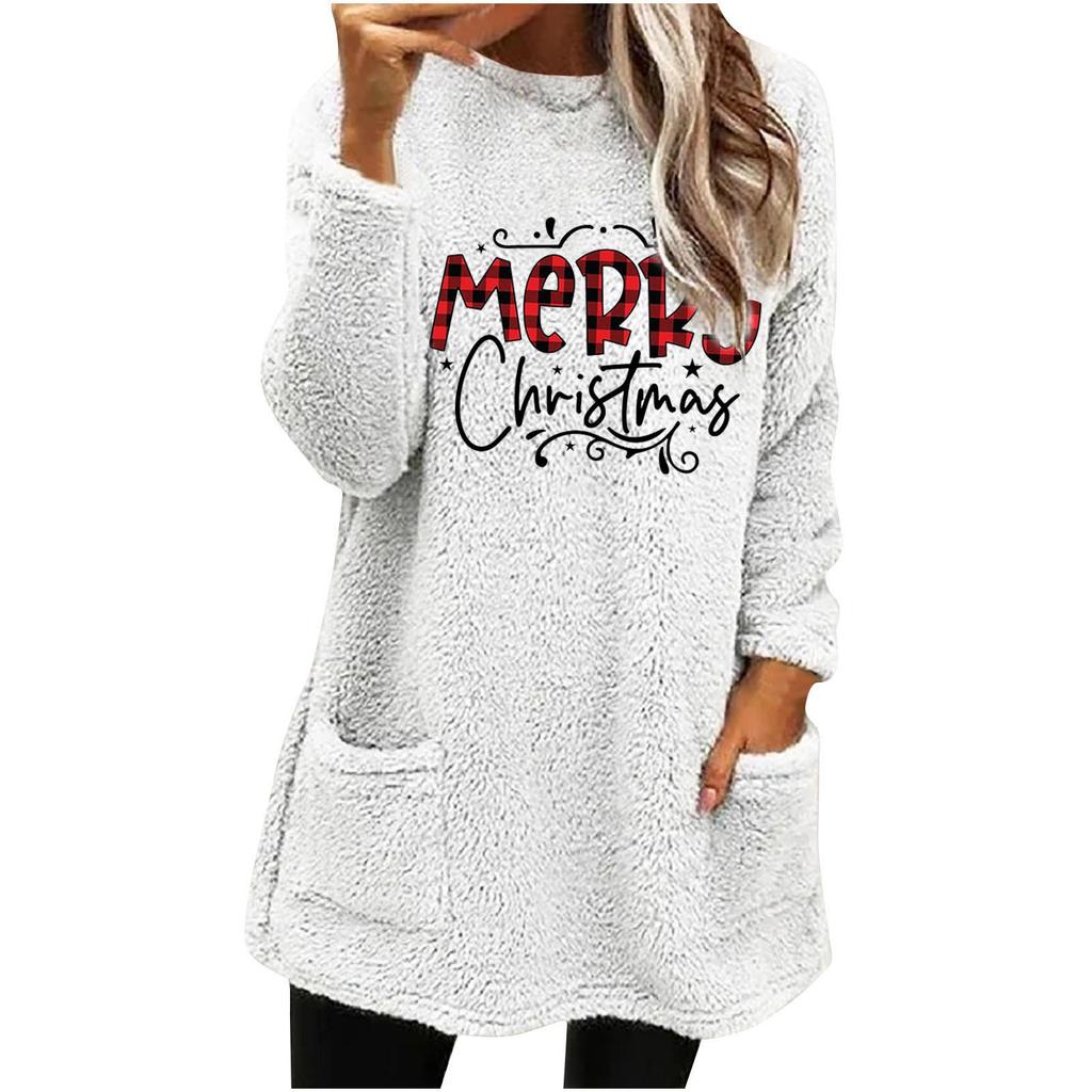 European & American Women's Christmas Letter Print Round Neck Loose Long Sleeve Plush Hoodie with Pockets
