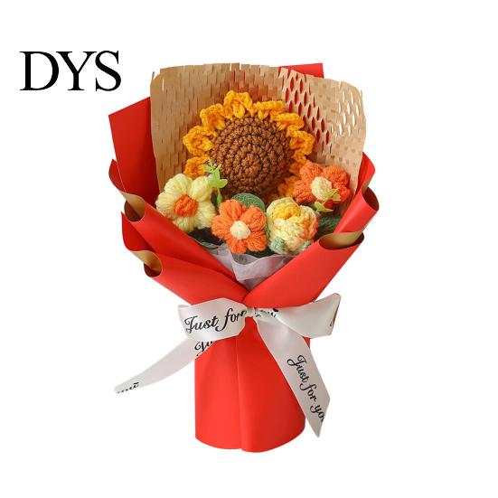 Handgestricktes Geschenk zum Jahrestag, Handgehäkeltes Garnblumenstrauß, Künstlicher Rosen-Sonnenblumenstrauß, Frauen-Häkelblumen, Lehrer-Anerkennung