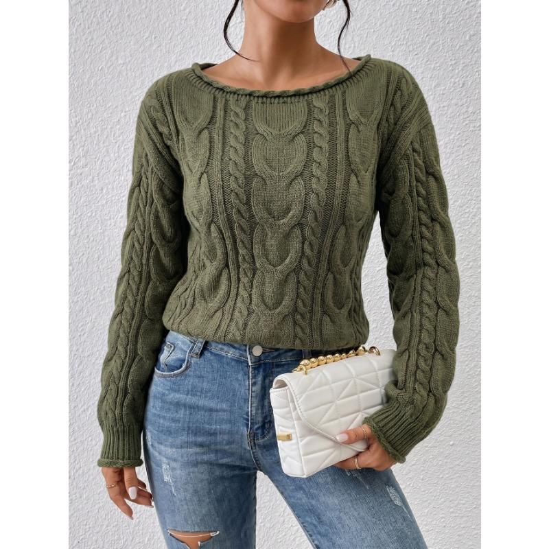 Women Casual Loose Off Shoulder Long Sleeve Cable Knit Pullover Sweater