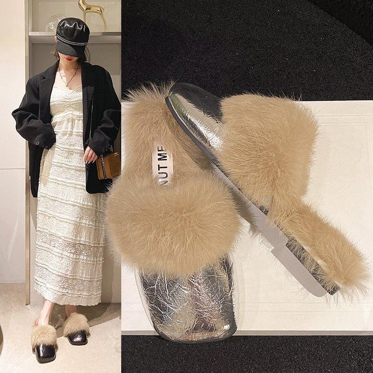 Large Size Casual Flat-bottomed Fluffy Slippers Autumn and Winter New Baotou Bright Leather Warm Fluffy Mop