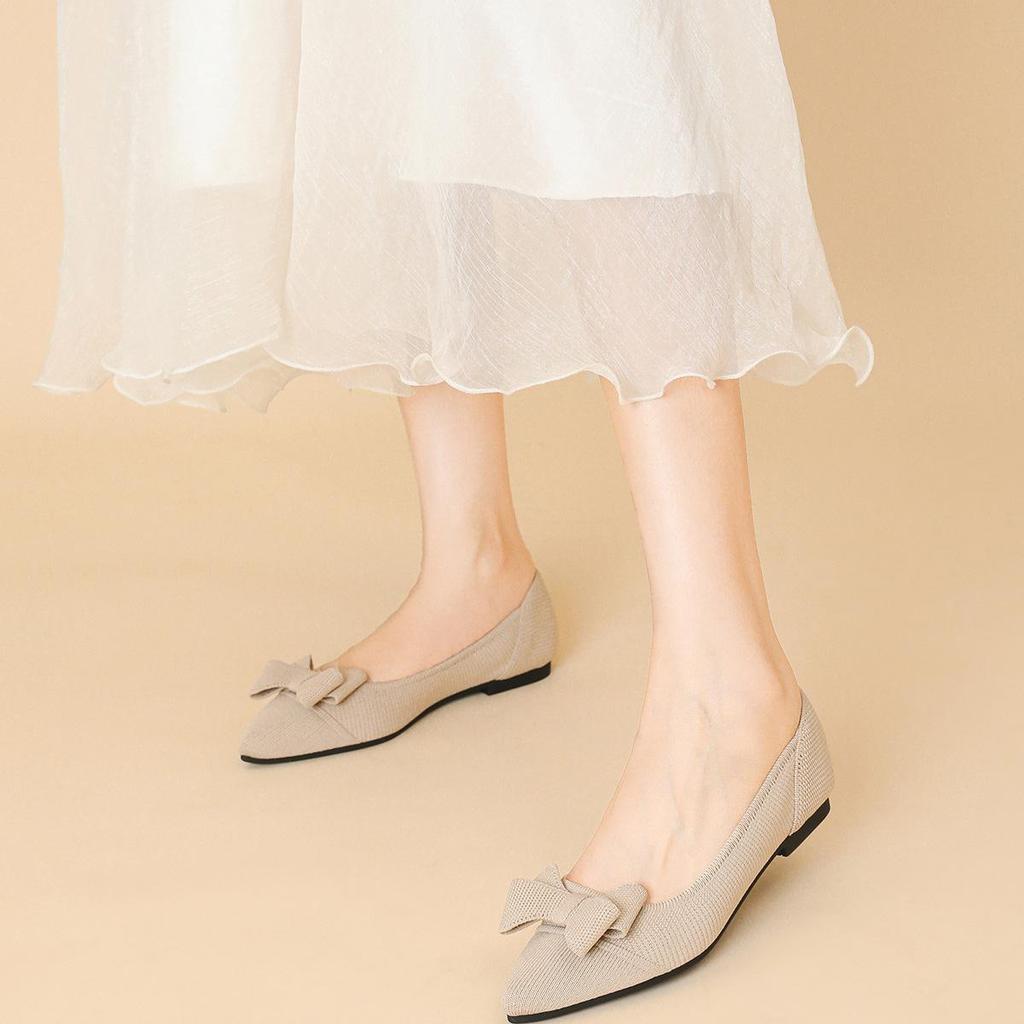 Punta Appuntita Bocca Bassa Tessuto Fondo Piatto Donna Fiocco Lavorato a Maglia Fondo Morbido Scarpe Grandi Taglia 34-43
