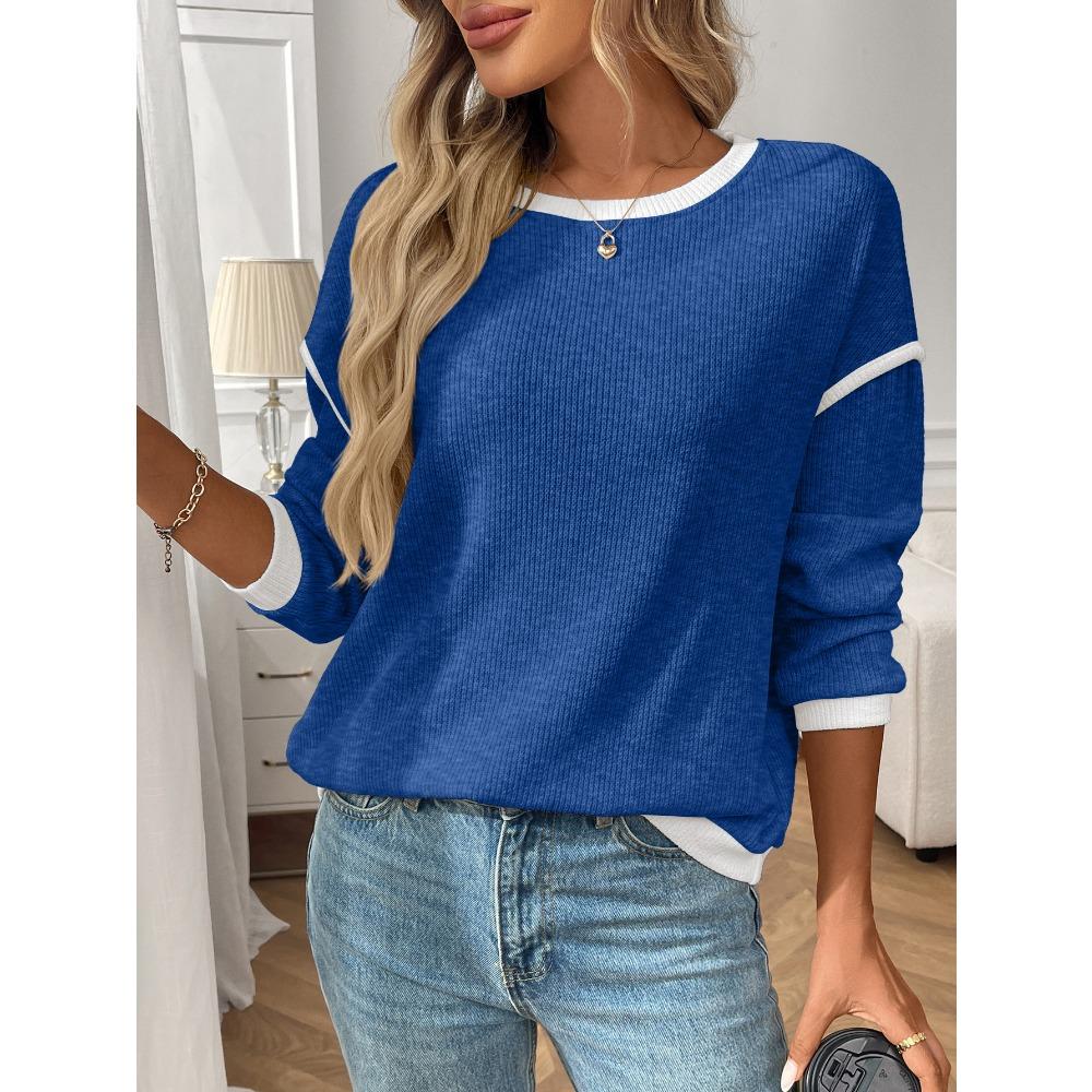 Autumn and Winter Round Neck Color Blocked Loose Top Women’s Pullovers & Long Sleeves