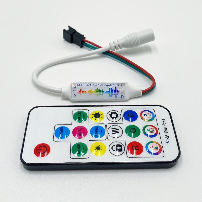 17-Key LED Music Strip Controller with USB & DC, Seven-Color 5-24V Remote Dimming