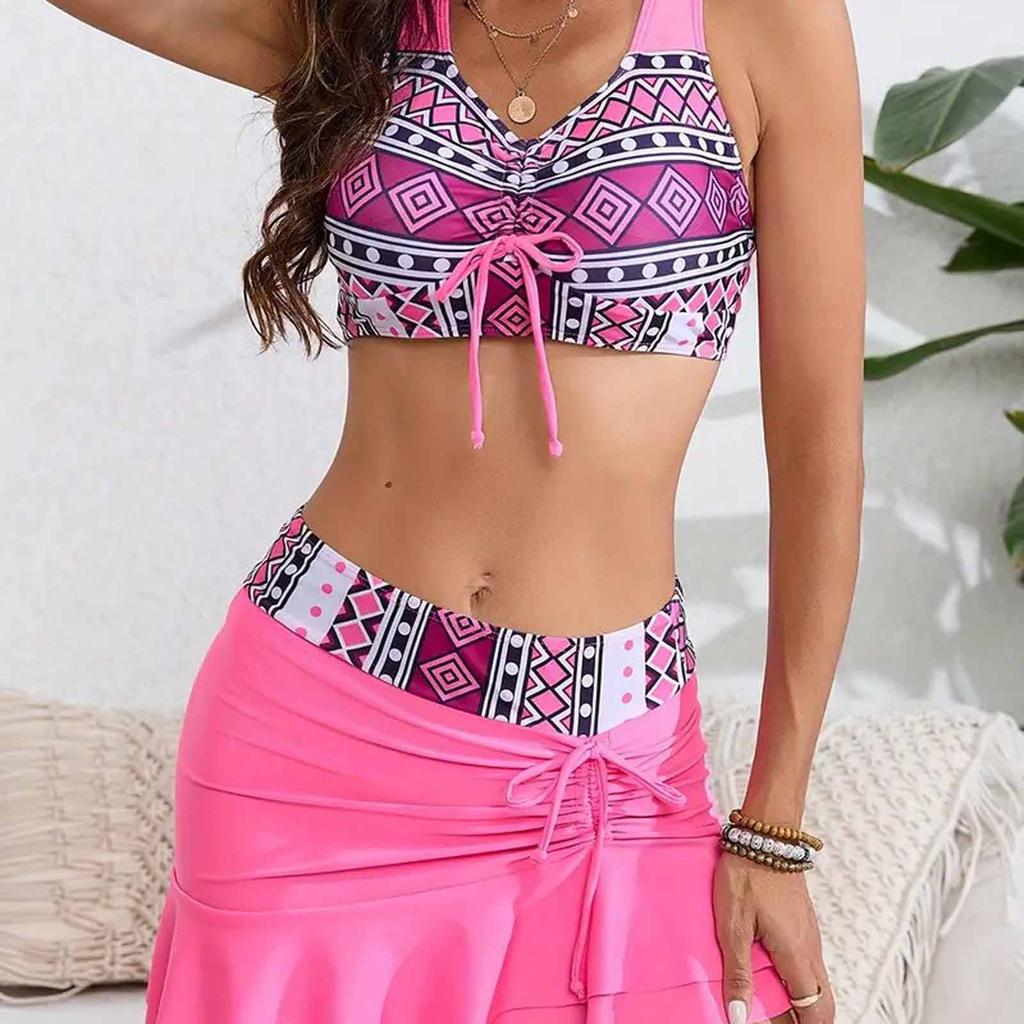 Two Piece Swimsuit for Women with Printed Top and Ruched Skirt Set for Swimming Beach Pool Vacation Wear