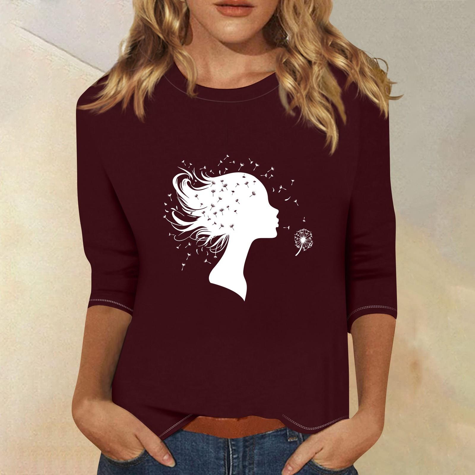 

Топи з рукавами 3/4 для жінок Футболка Повсякденні топи з принтом Футболка з круглим вирізом Пуловер Блуза L винний