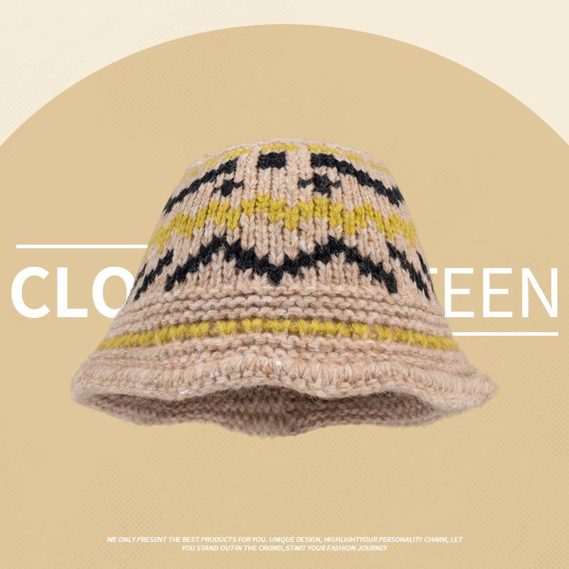 Vintage mixed-color knitted pattern hand-woven wool hat women's winter warm crimped ear hat women