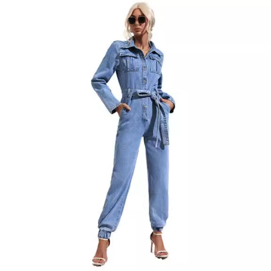 Tuta in Denim da Donna con Collo a Revers e Maniche Lunghe, Vestibilità Aderente, Vita Media, Jogger Casual