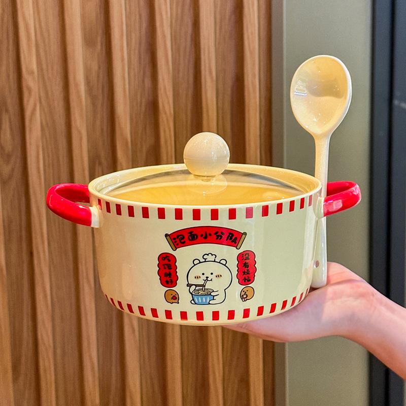 Cute Cartoon Instant Noodle Bowl with Lid, Large-capacity Ceramic Noodle Bowl for Dormitory Students, Binaural Snail Powder Bowl for Personal Use