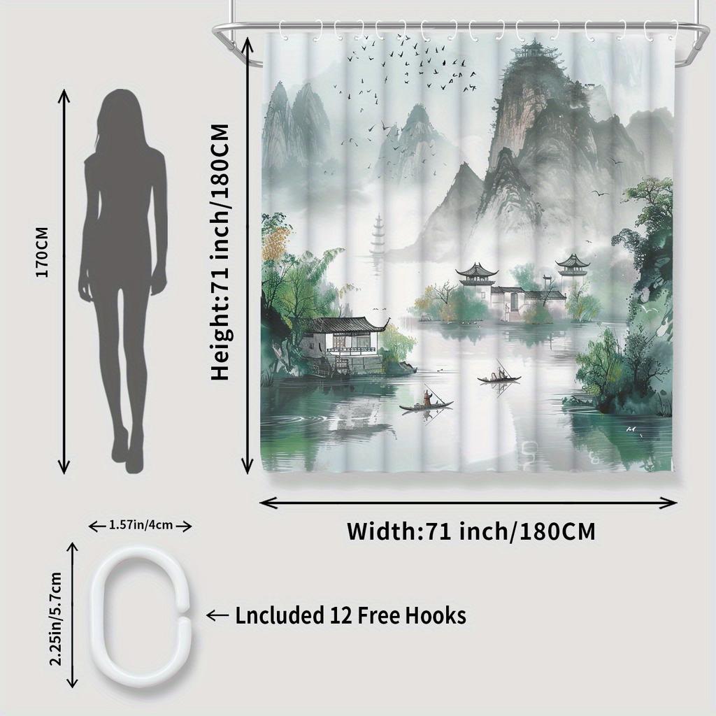 71x71" Water-Resistant Polyester Shower Curtain - Chinese Ink Landscape, Machine Washable, 12 Hooks, Asian Art Design