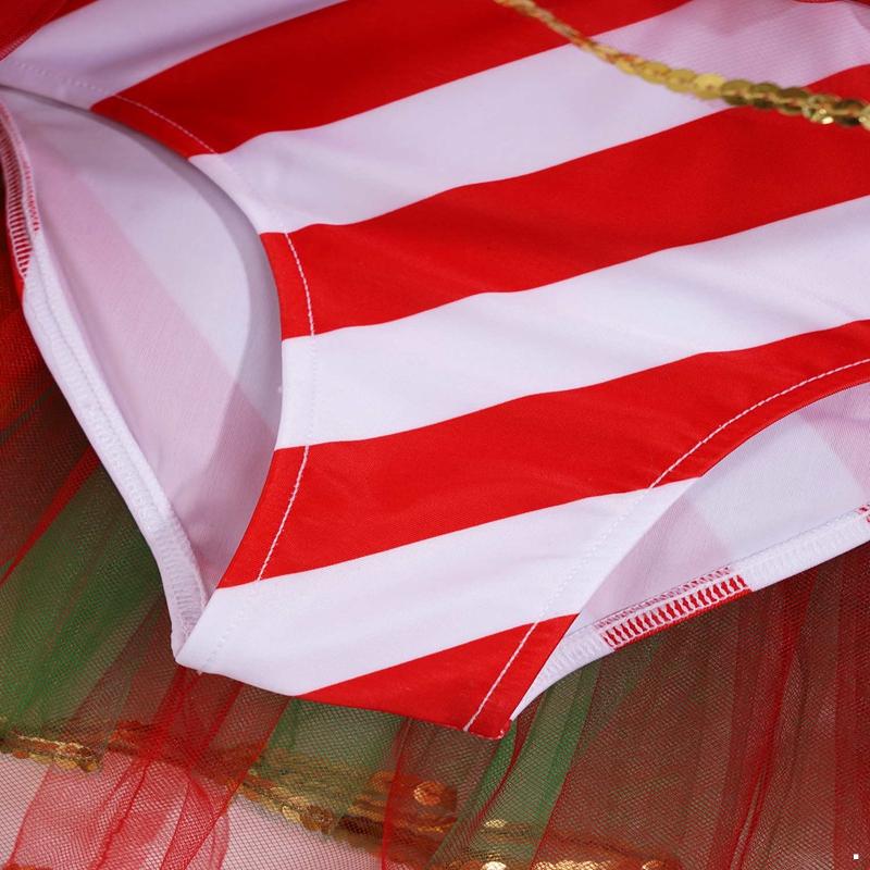 Girls Carnival Cosplay Costume Asymmetrical Shoulder Sleeveless Stripes Print Sequins Adorned Mesh Dress Bodysuit