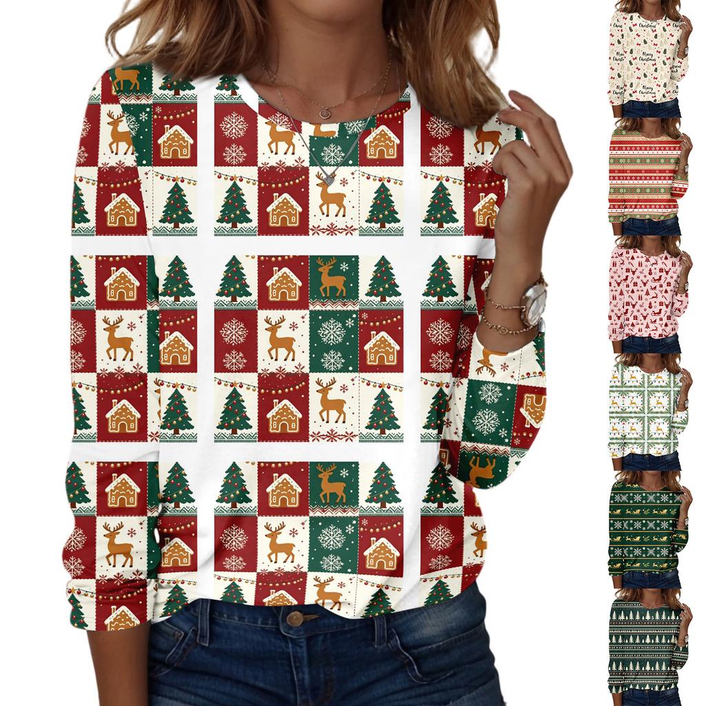 Women's Fashion Christmas Print Crewneck Long Sleeve Pullover Top, Casual Holiday Shirt