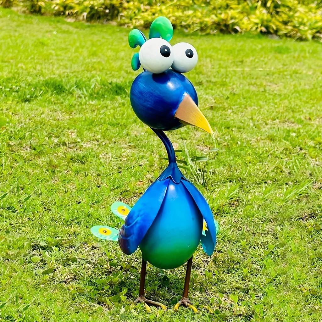 Blue Metal Peacock Sculpture - 3D Outdoor Garden Statue For Yard, Lawn, Backyard, Porch & Pond Decor