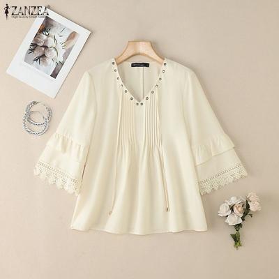 Women Casual V-Neck 3/4 Sleeve Loose Lace Patchwork Blouse