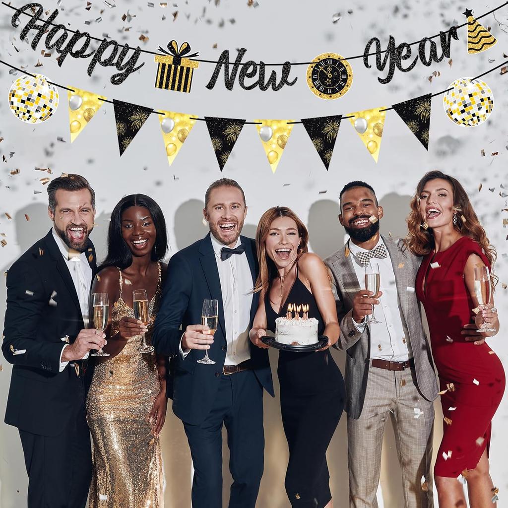 Happy New Year 2026 Banner Black Glitte Pre-Assembled New Years Eve Sign Garland Banner for 2026 NYE Party Supplies Decorations Holiday Home Hanging
