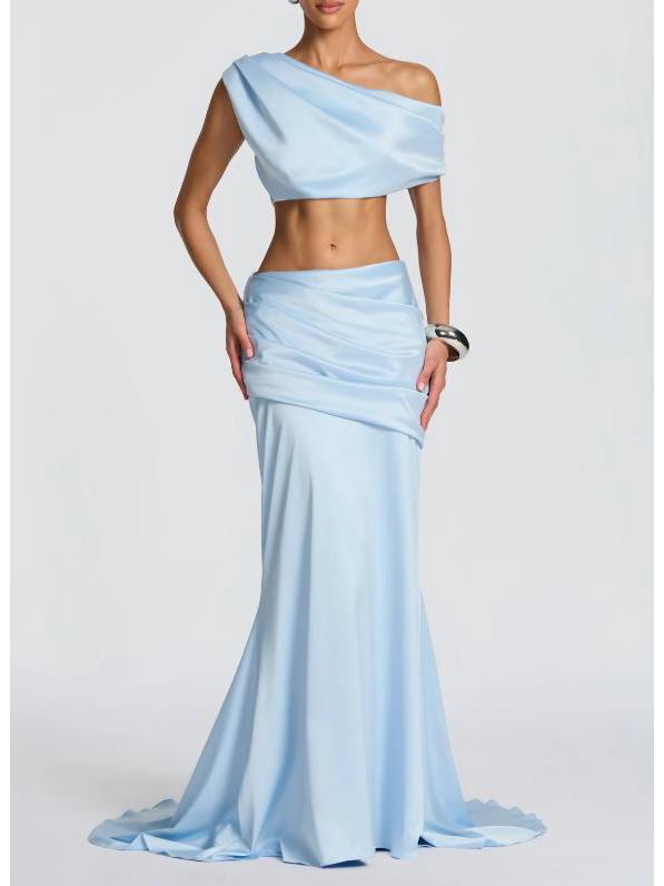 Межгосударственный Банкетный Социальный Кроп-топ и Длинная Юбка Комплект Extra Large светло-синий