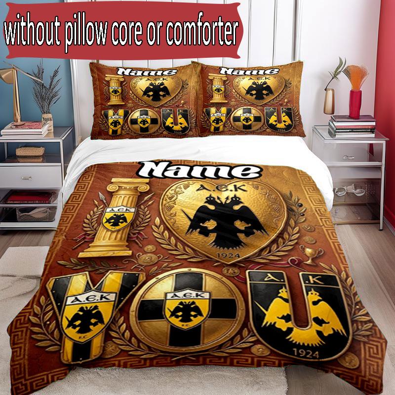 3pcs Duvet Cover Set (1*Duvet Cover + 2*Pillowcase, Without Core), Custom Name AEK Athens FC Pattern Bedding Set, Home Bedroom Decor Gift