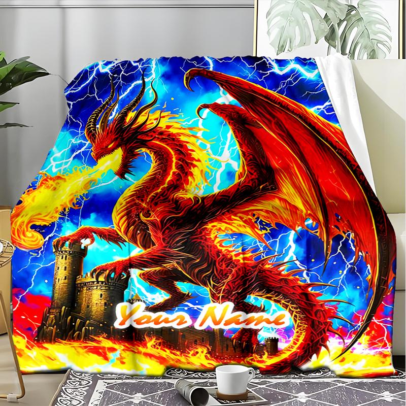 1PC Custom Name "Electric Dragon's Flame" Outdooor Flannel Blankets Patterns Throw Blanket All-Season Soft Gift for Couch, Bed, Camping Gifts