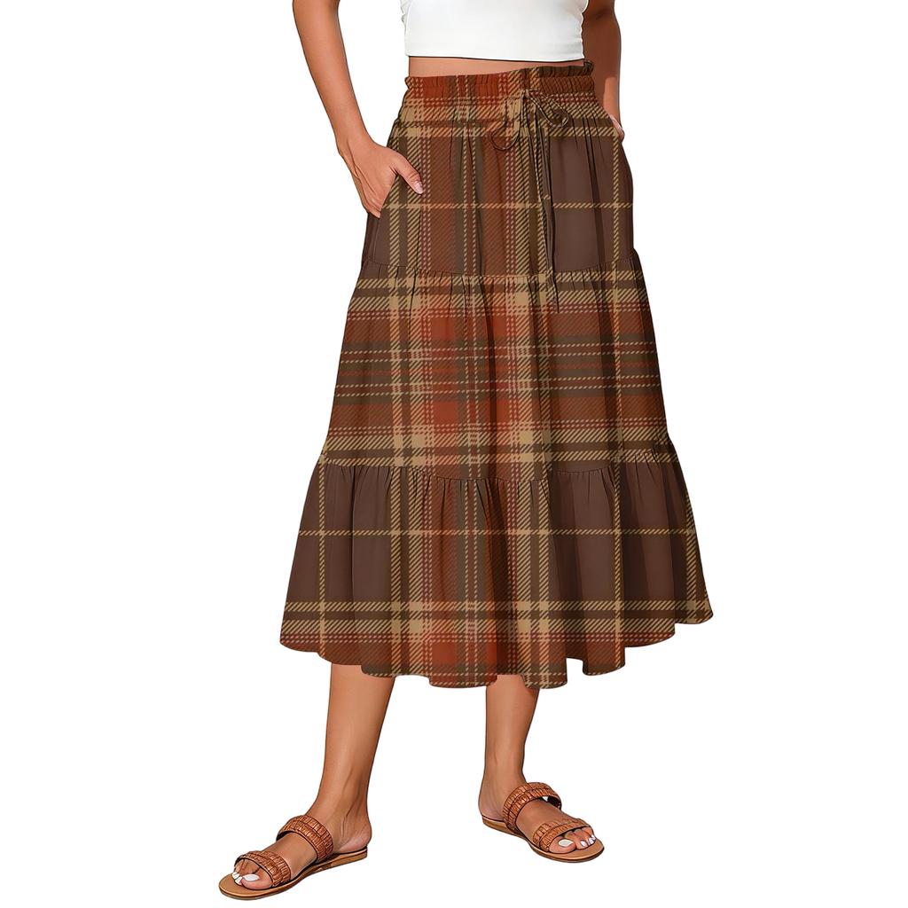 Ladies' Plaid Printed Casual Elastic Waist Drawstring Skirt