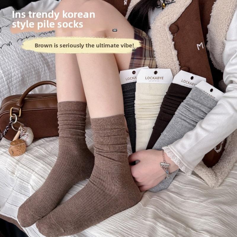 Women's Pure Cotton Autumn and Winter Extended Vertical Boneless Pile Socks Solid Color Versatile Mid-calf Socks Long Socks