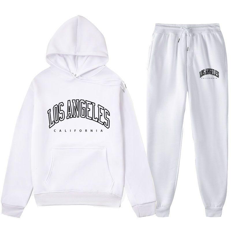 LOS Los Angeles Letter Printed Same Color And Pants Set For Men's Autumn/Winter With Velvet Hoodie