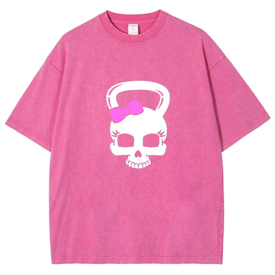 Colourful Old Washed Short-sleeved T-shirt Loose Skull Weird Bow Cute Street American Vintage Trend Leisure