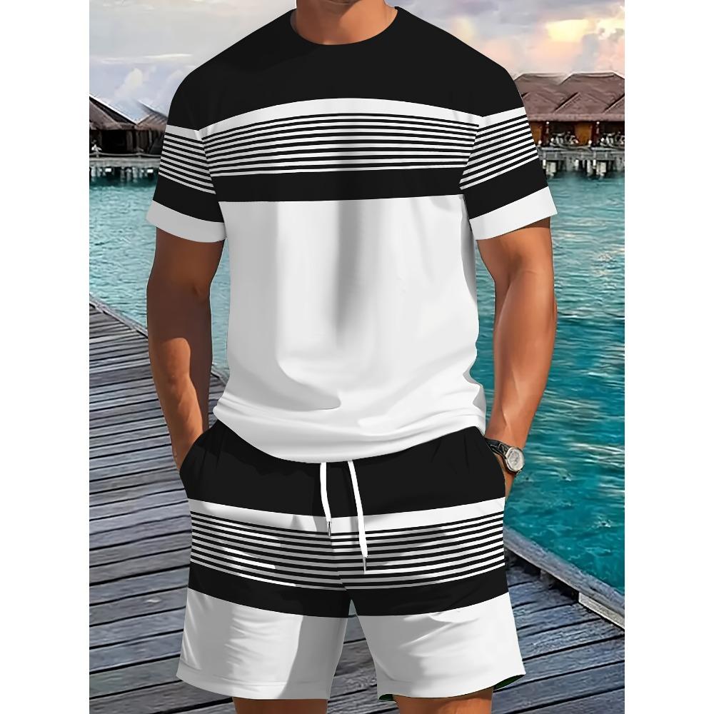2026 Summer Arrival Men's Casual Two-Piece Set Striped Print Short-Sleeve Shirt and Athletic Shorts Set