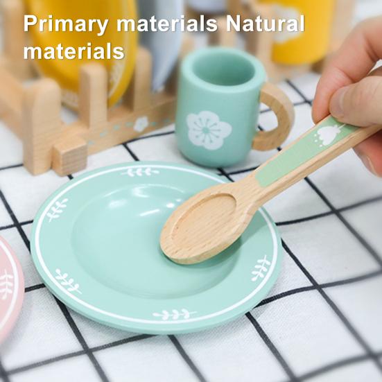 Wooden Kitchen Toy Set for Kids Wood Dinnerware Playset with Plates Cups Cutlery And Holders Simulated Play House Kitchen Pretend Toy Gift