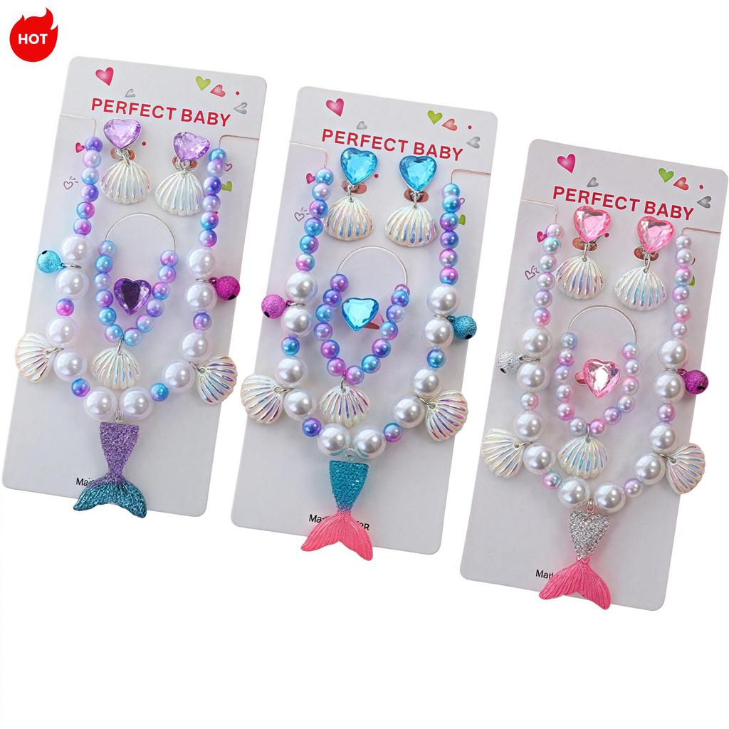 Colar de Pérolas de Sereia e Conjunto de Acessórios de Princesa para Meninas - Conjunto de 5 Peças para Presente de Feriado