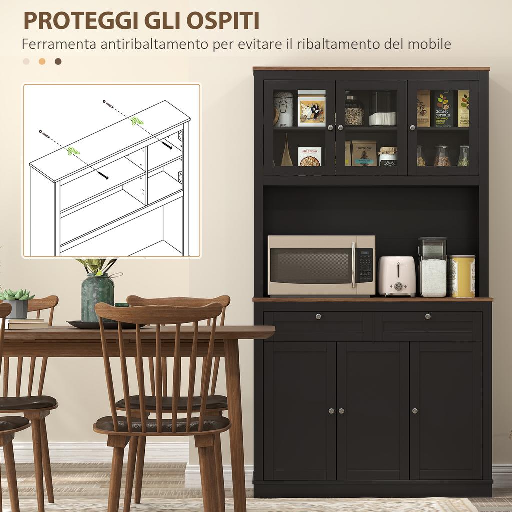 Tall Kitchen Sideboard with 4 Cabinets. 2 Drawers and a Central Shelf. 100x40x180cm. Black