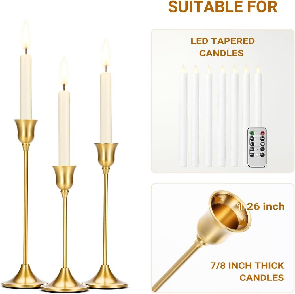 Taper Candle Stick Holder-3PCS Brass Gold Pillar Tall Candlestick Holders Metal Vintage Decor Dinner Table Dining Room Centerpieces Decorations