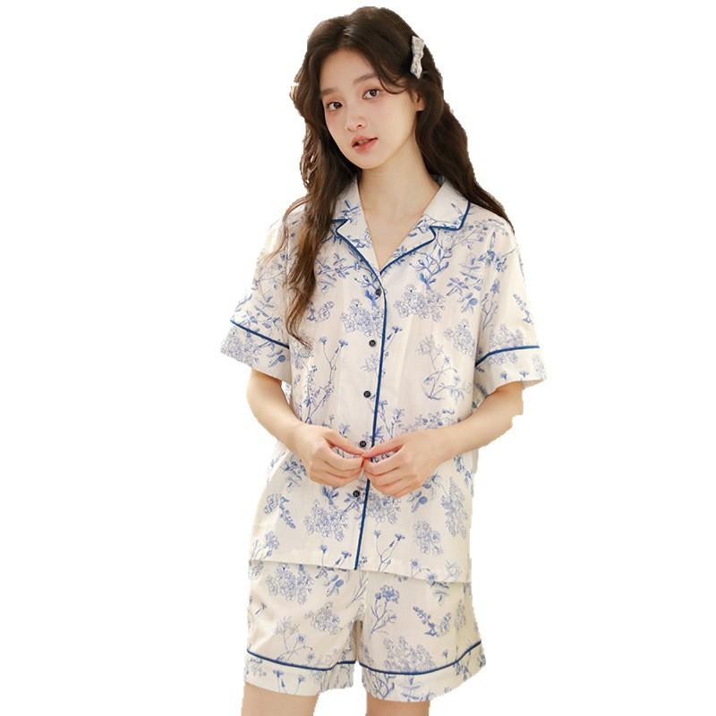 Summer New Pajamas Women's Cotton Cotton Yarn Short-sleeved Shorts National Style Printing Simple Can Go Out Loungewear Set 10